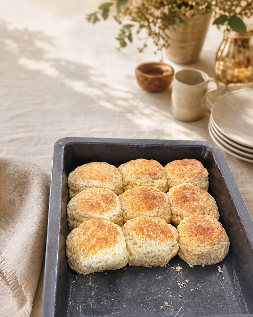 An abundant tray of fresh scones on a styled table set for a function
