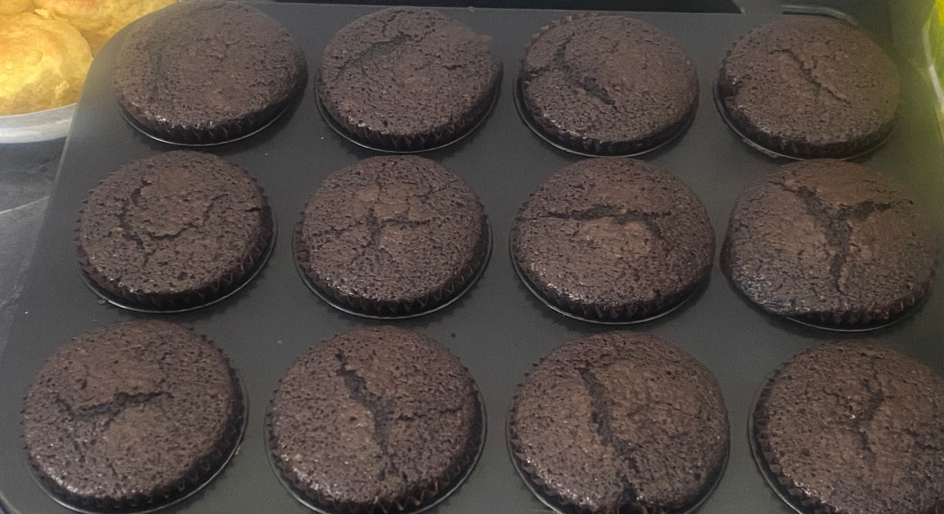 A full grid of freshly baked chocolate muffins