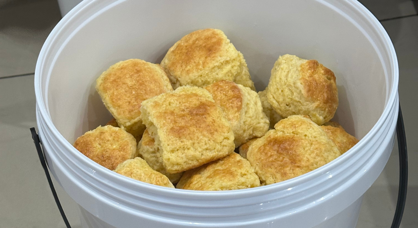 A full bucket of fresh scones, 95 to a bucket
