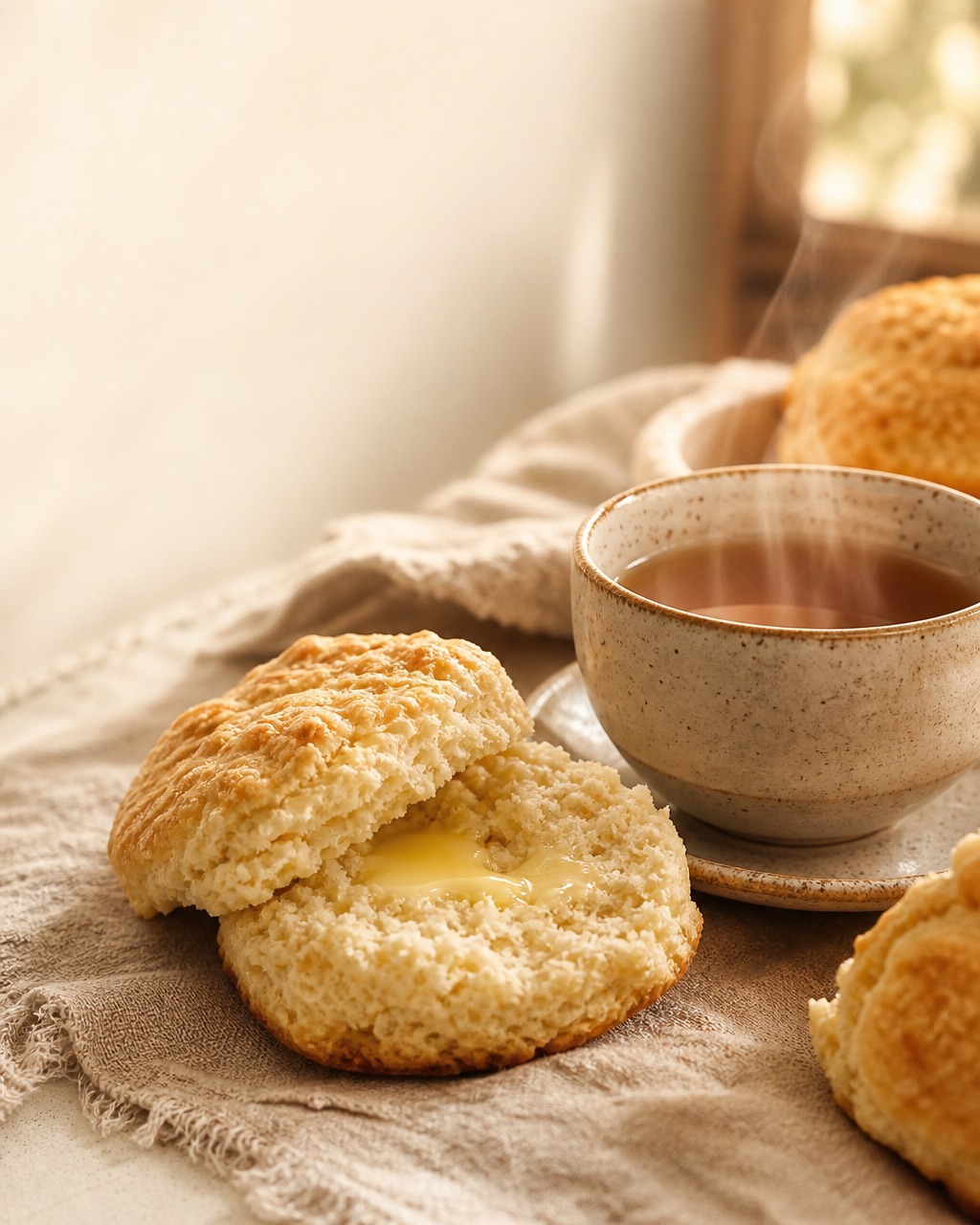 A warm split scone with butter beside a steaming cup of tea by a window